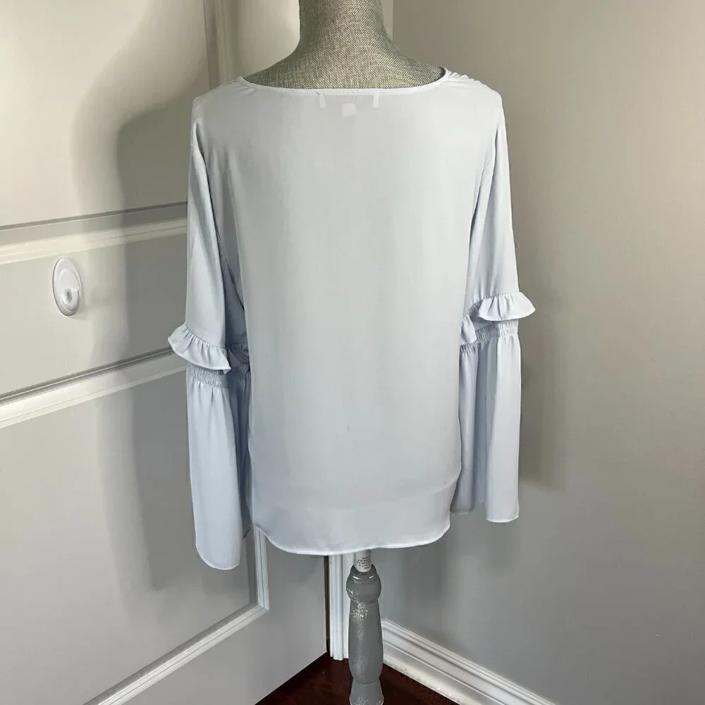 Loft Light Blue w Ruffle Sleeve V-Neck Blouse NWOT Size M - Picture 2 of 2